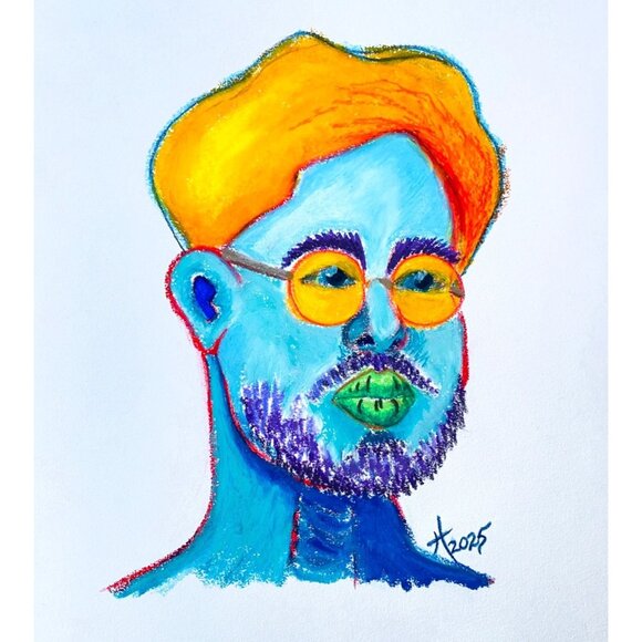 Blue Boy Original Colorful Oil Pastel Drawing Wall Art 11x14in Matted FrameReady